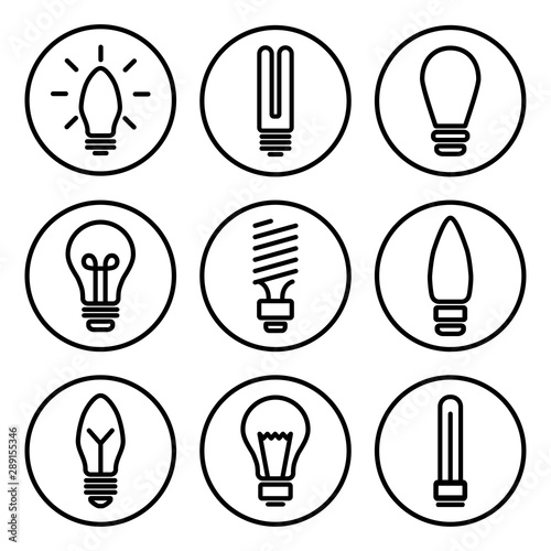 Set of light bulb icons, different lamp, Black round pictogrames, outline design. Vector illustration