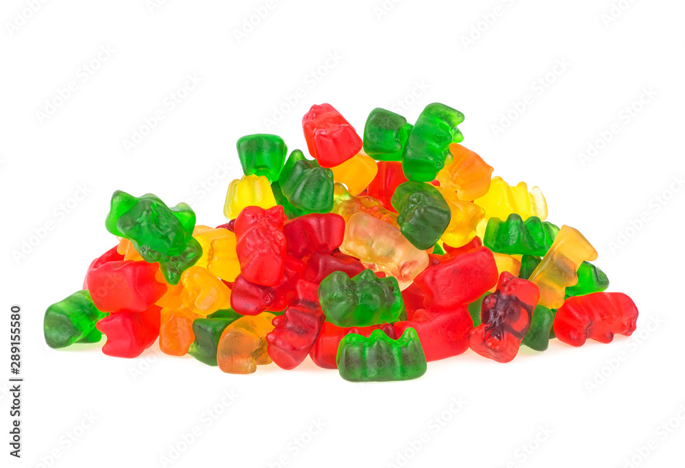 Heap of jelly bears or gummy bears candies isolated on white background