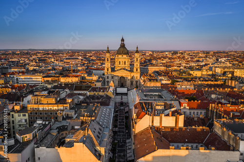 Budapest, Hungary - Aerial drone view of the beautiful St. Stephen's Basilica at sunset with warm summer afternoon lights