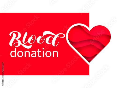 Blood lettering with 3d paper cut effect. Blood donation concept. Vector illustration