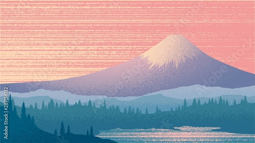 Vector illustration with Mount Fuji, sunset, japanese landscape