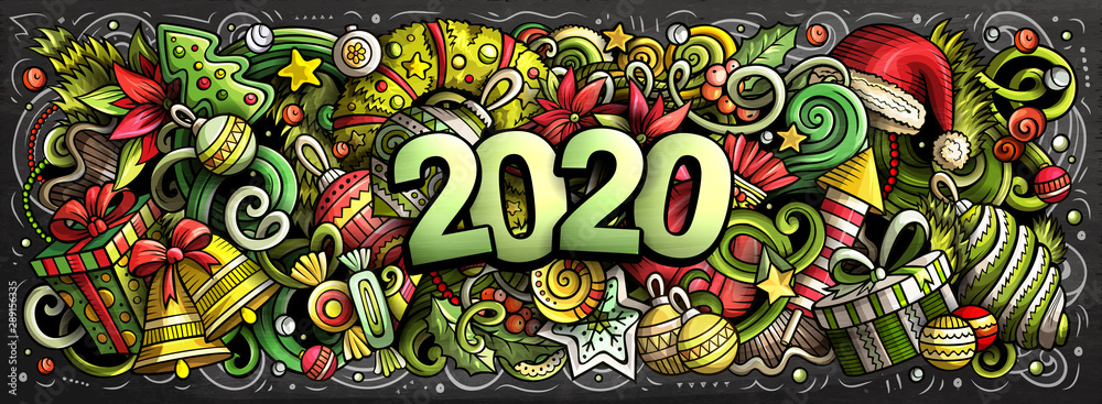 Fototapeta premium 2020 doodles horizontal illustration. New Year objects and elements poster