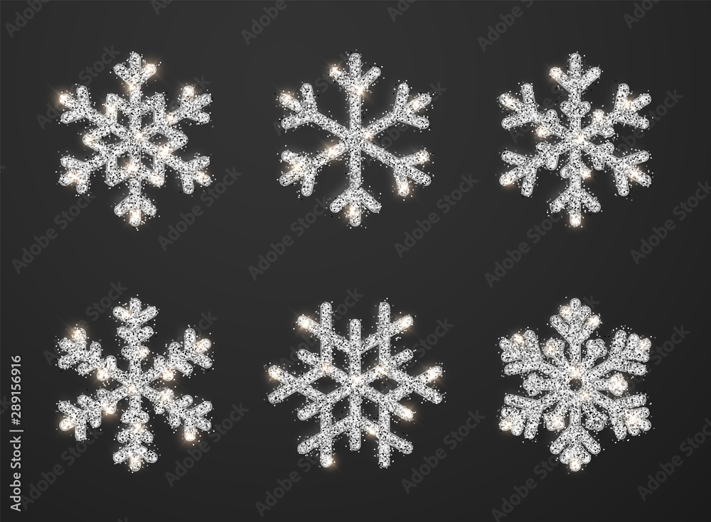 Shining silver snowflakes on black background. Christmas and New Year background. Vector illustration Shining silver snowflakes on black background. Christmas and New Year background. Vector illustration