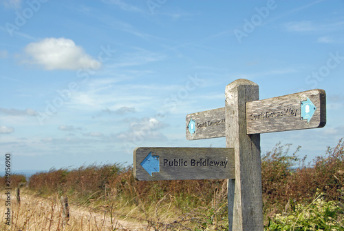South Downs National Park, Sussex, England, UK. A signpost shows the route of the South Downs Way with the trail, bushes and the sky. The South Downs Way is a national trail popular with walkers.