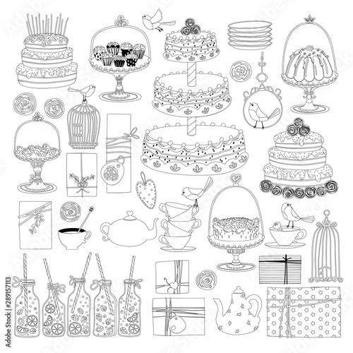 Birthday party. Afternoon Tea set. Different cakes and gifts. Vector illustration in simple contour cartoon hand-drawn style. Ideal for kids coloring