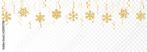 Christmas or New Year golden decoration on transparent background. Hanging glitter snowflake. Vector illustration