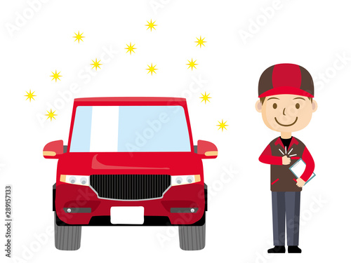 車と整備士のイラスト（男性・作業服）｜点検・整備・納車のイメージ｜SUV　自動車