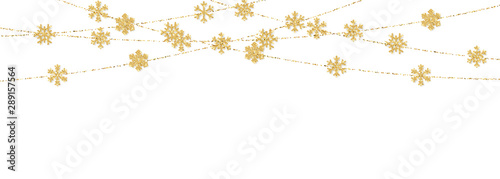 Christmas or New Year golden snowflake decoration garland on white background. Hanging glitter snowflake. Vector illustration