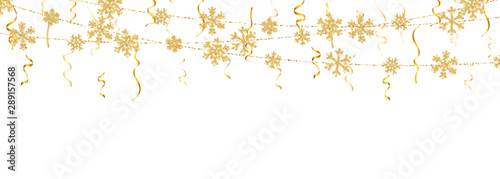 Christmas or New Year golden snowflake decoration garland on white background. Hanging glitter snowflake. Vector illustration