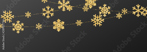 Christmas or New Year golden snowflake decoration garland on black background. Hanging glitter snowflake. Vector illustration