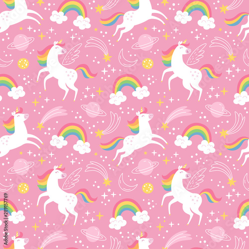 Ba Unicorn pattern. Vector seamless pattern with white unicorns, rainbow and stars. Isolated on a pink background. sic RGB © nadzeya26