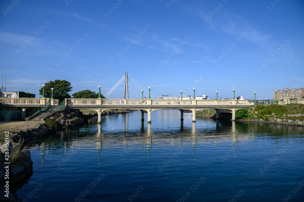 A cable stay bridge built in 2004 across the Marine Lake. Very modern bridge in a Victorian town of Southport UK.