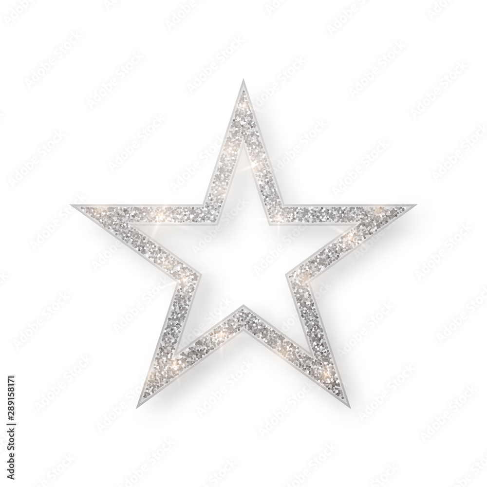 Silver shiny glitter glowing star with shadow isolated on white background. Vector illustration