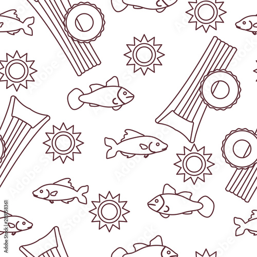 Pattern with fish, sun, inflatable mattress.