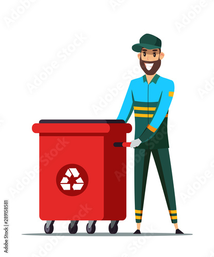 Cheerful garbage man flat vector illustration