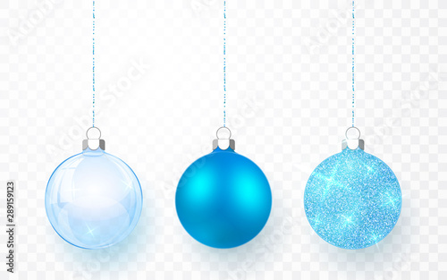 Blue shiny glitter glowing and transparent Christmas balls. Xmas glass ball on transparent background. Holiday decoration template. Vector illustration