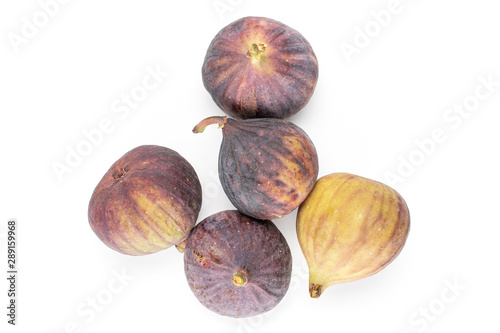 Group of five whole fresh fig fruit flatlay isolated on white background photo