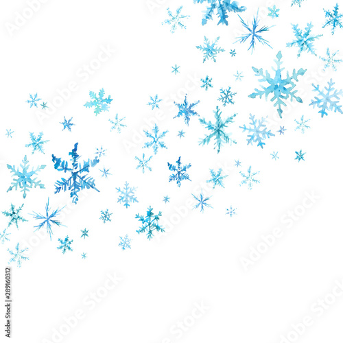 Vector winter background with hand drawn watercolor snow and snowflakes on white.