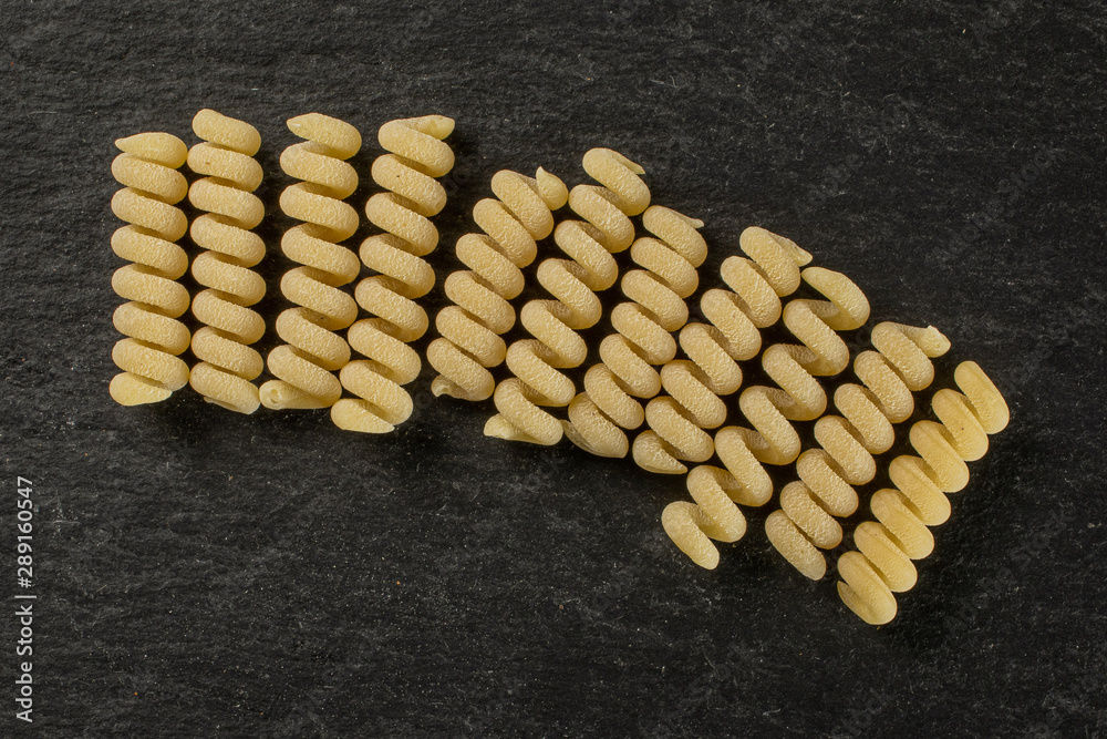 Group of eleven whole fresh raw pasta fusilli bucati flatlay on grey stone Group of eleven whole fresh raw pasta fusilli bucati flatlay on grey stone