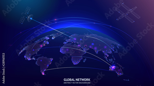 Global networking communication concept with satellites in space above planet earth with map and network connections streaming data in shades of blue, vector illustration