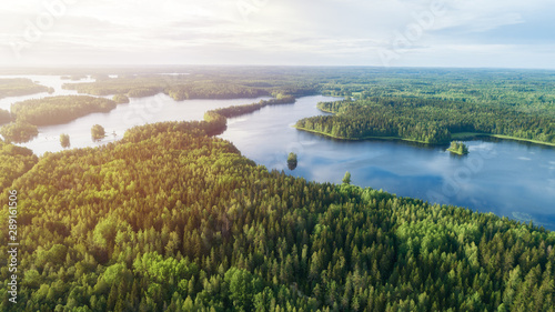 Obraz na płótnie Lake system surrounded with green forest in Finland, aerial landscape