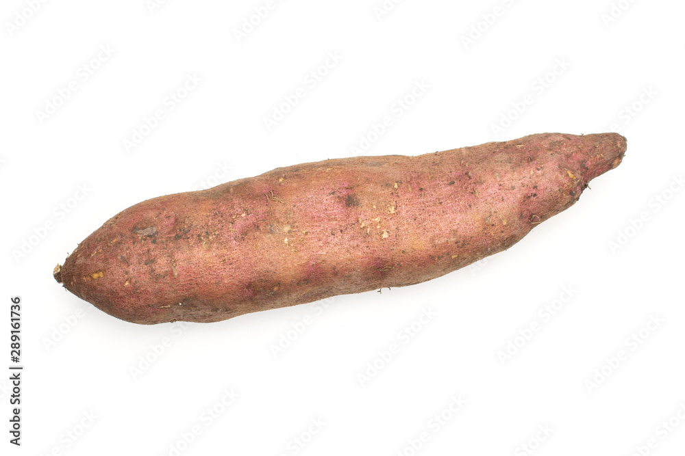 One whole fresh brown sweet potato flatlay isolated on white background