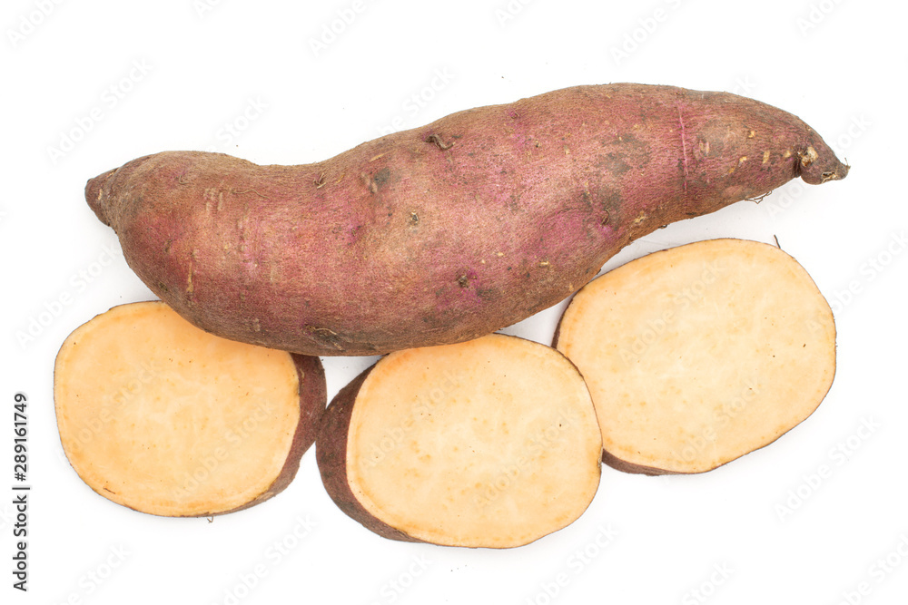 Group of one whole three slices of fresh brown sweet potato flatlay isolated on white background Group of one whole three slices of fresh brown sweet potato flatlay isolated on white background