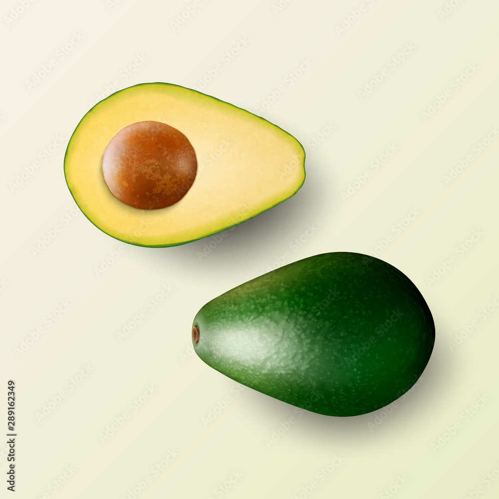 Vector 3d Realistic Whole and Cut Half Avocado with Seed Set Closeup Isolated on Green Background. Design Template, Food, Health, Diet Concept. Top View