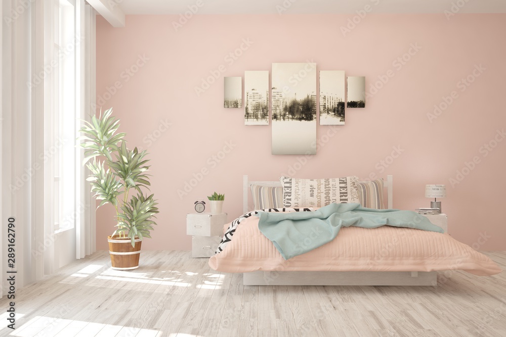 Stylish bedroom in pink color. Scandinavian interior design. 3D illustration - obrazy, fototapety, plakaty 