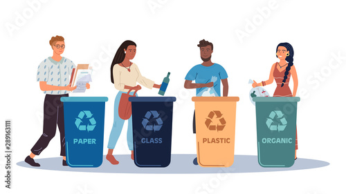 People putting rubbish in trash bins or containers. Set of men and women practicing garbage collection, sorting and recycling. Flat cartoon vector illustration.