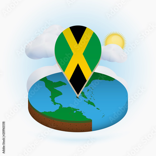 Isometric round map of Jamaica and point marker with flag of Jamaica. Cloud and sun on background.