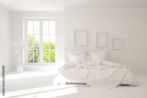 Modern bedroom in white color. Scandinavian interior design. 3D illustration