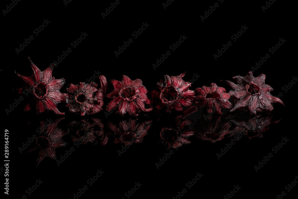 Group of six whole sweet red candied hibiscus isolated on black glass