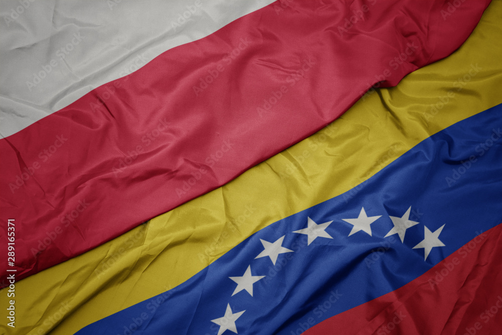 waving colorful flag of venezuela and national flag of poland.