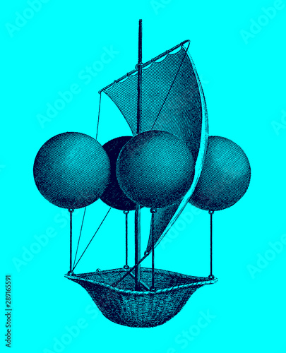 Historic flying ship, an aeronautic machine by Francesco Lana Terzi from 1670 in front of a blue background. lllustration after an engraving from the early 19th century. Editable in layers