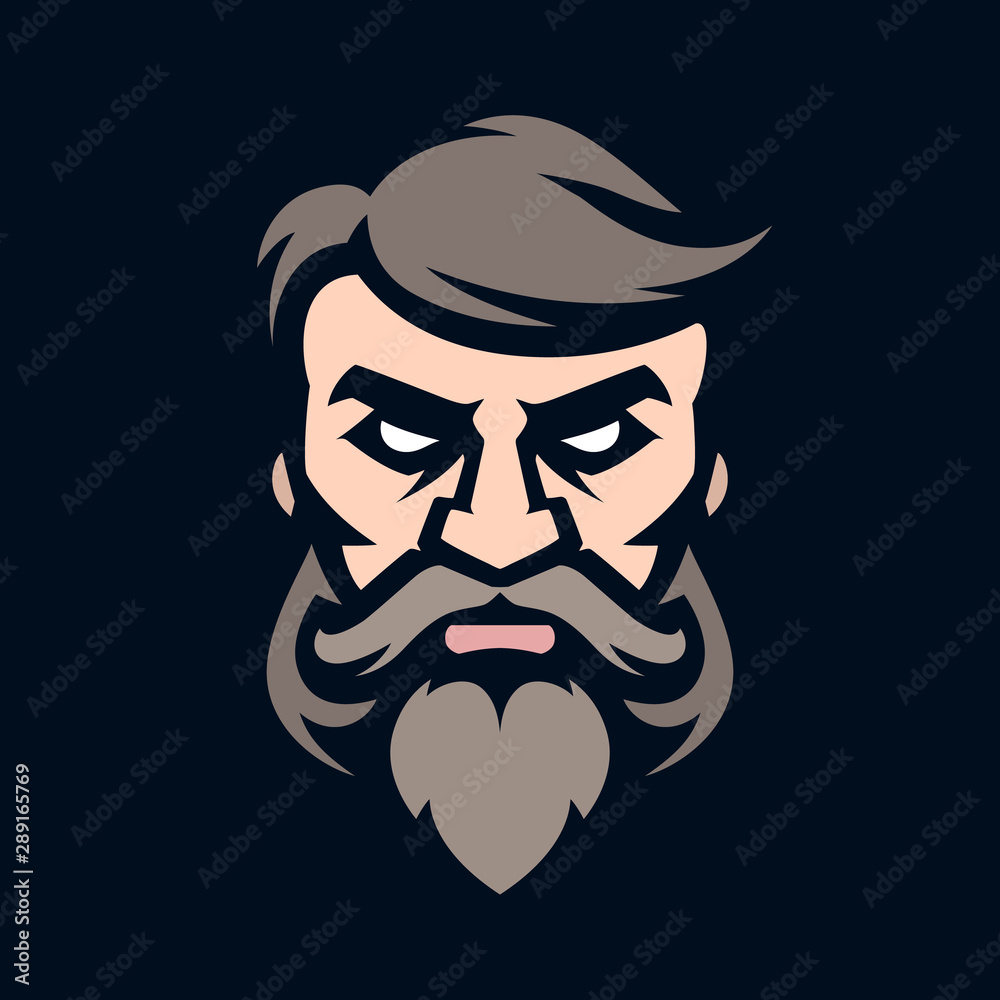 Logo stylish hairdresser, icon of a bearded and mustachioed man. Barbershop. Vector illustration. Simple shape for design emblem, symbol, sign, badge, label, stamp.