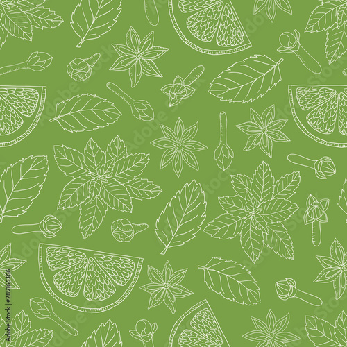 Tea collection.Vector hand drawn seamless pattern with mint, lemons, clove and cardamon on a green background