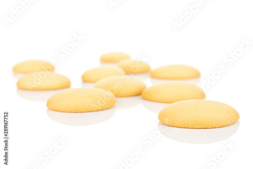 Group of ten whole sweet golden sponge biscuit isolated on white background
