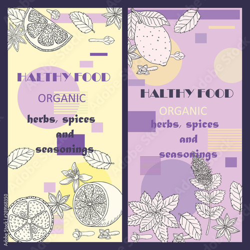 Tea collection.Vector hand drawn illustration of different ingredients for a nice tea drinking. Herbs, spices and fruits on flyer templates