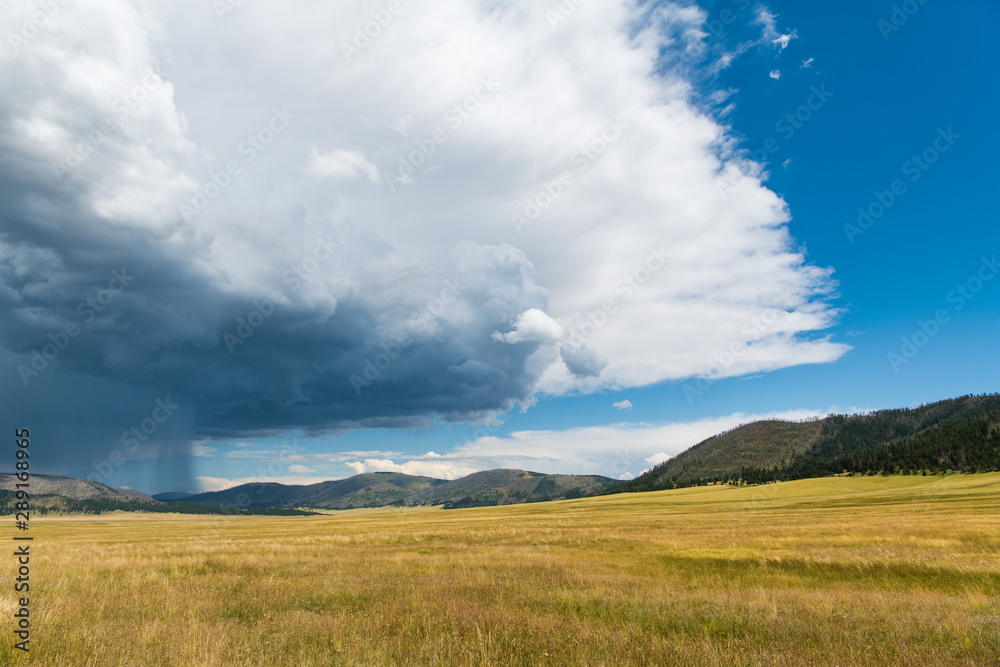 Dramatic storm cloud and rain over the vast landscape and grasslands of the Valles Caldera National Preserve in northern New Mexico