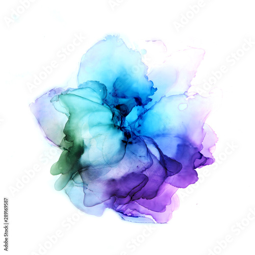Delicate hand drawn watercolor flower in blue and violet tones. Alcohol ink art. Raster illustration.