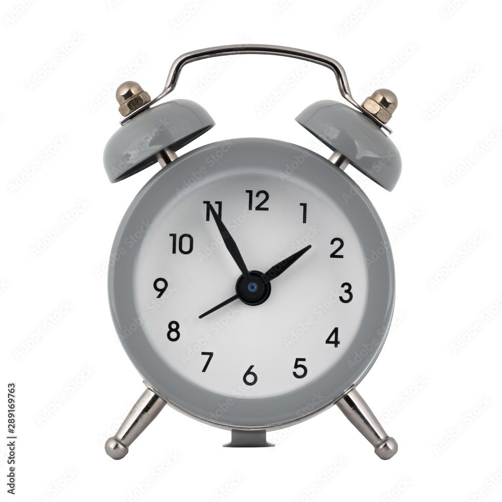 A gray clock with an alarm clock on a white background with arrows showing the time one hour fifty five minutes or thirteen hours fifty five minutes A gray clock with an alarm clock on a white background with arrows showing the time one hour fifty five minutes or thirteen hours fifty five minutes