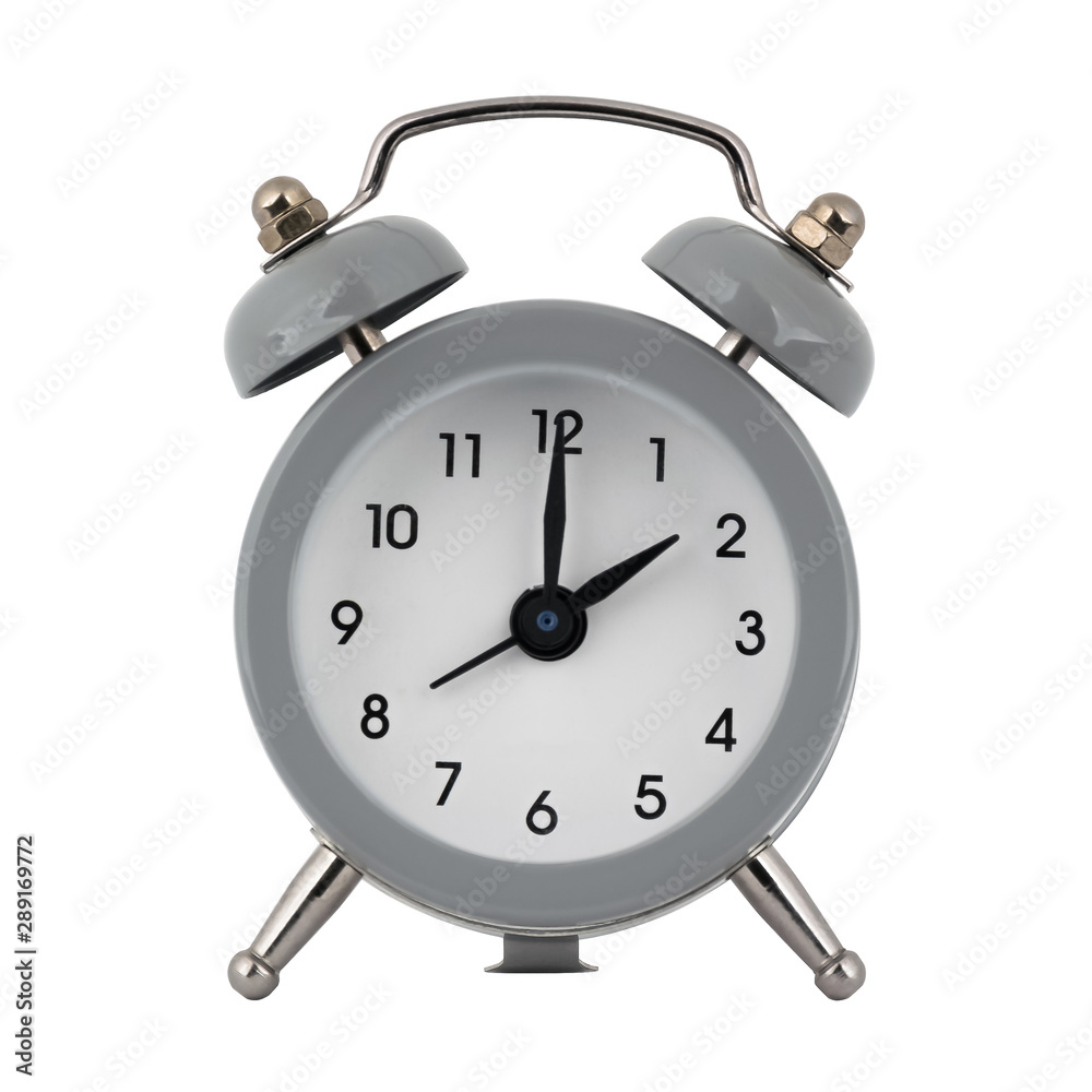 A gray clock with an alarm clock on a white background with arrows showing the time two hours or fourteen hours A gray clock with an alarm clock on a white background with arrows showing the time two hours or fourteen hours