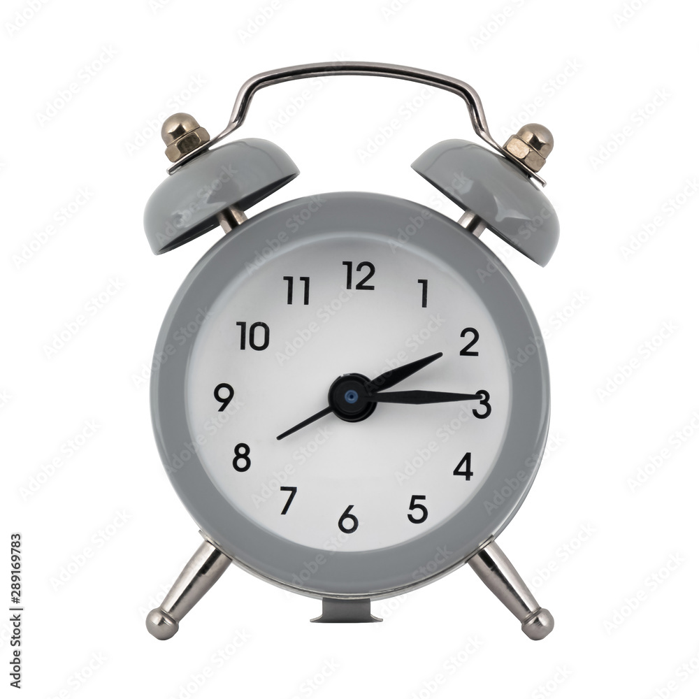 A gray clock with an alarm clock on a white background with arrows showing the time two hours fifteen minutes or fourteen hours fifteen minutes A gray clock with an alarm clock on a white background with arrows showing the time two hours fifteen minutes or fourteen hours fifteen minutes
