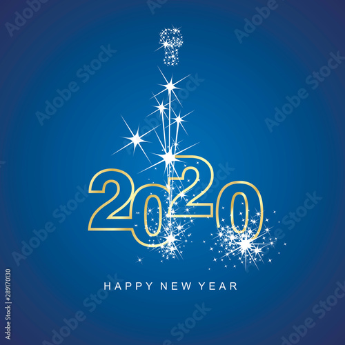 Happy New Year 2020 firework gold line design numbers blue background