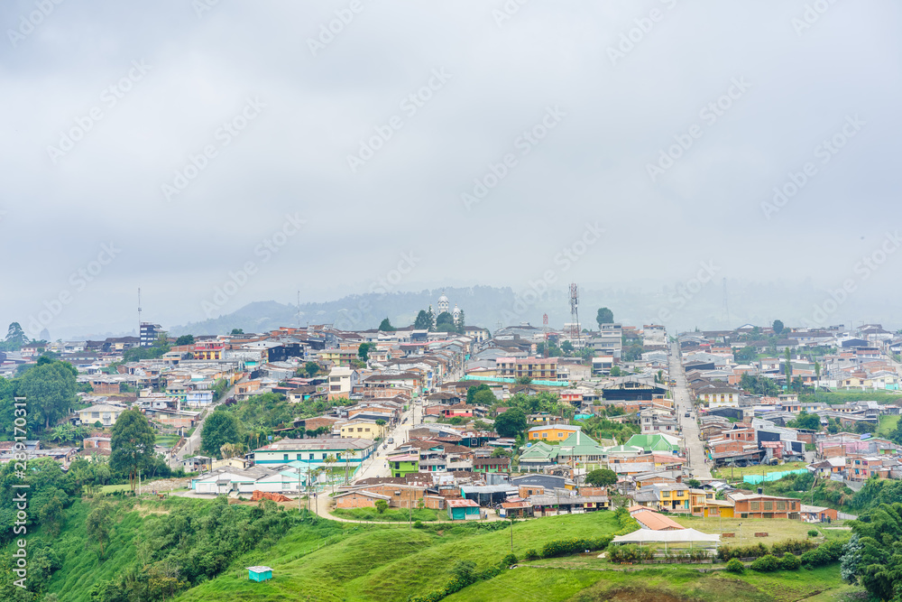 Aerial view over the colonial city of Filandia in Colombia