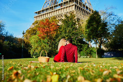 Romantic couple having picnic on the grass near the Eiffel tower photo