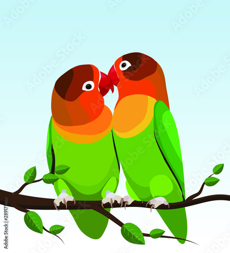 Two parrots, parrots are inseparable, cute birds on a tree branch. Flat design. Vector illustration.