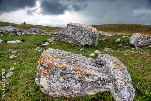 Stecci in Durmitor National Park in northeastern Montenegro. These mysterious carved tomb stone monuments date from the twelveth to sixteenth centuries. photo