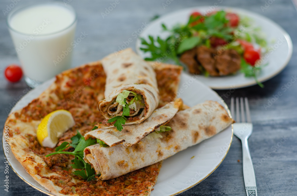 Traditional delicious Turkish foods; Turkish Lahmacun Traditional delicious Turkish foods; Turkish Lahmacun